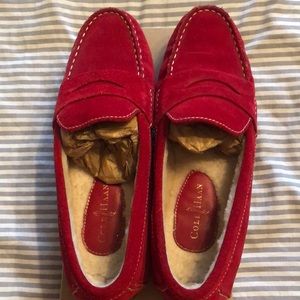 Tango red Cole Haan suede “Sadie Shearling” driving moccasins.